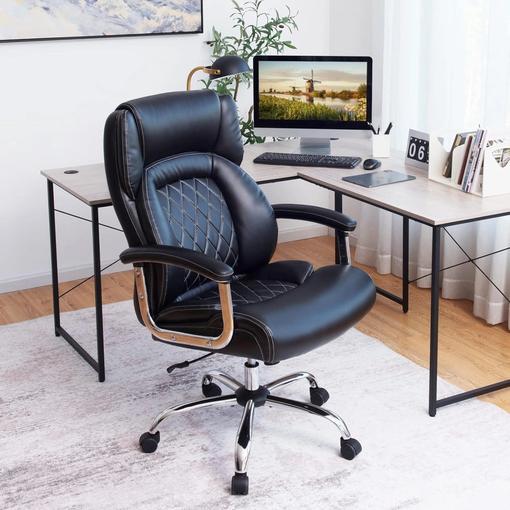 Sedia Ufficio in Pelle, Poltrona Scrivania Regolabile in Altezza, Sedia da Lavoro Girevole con Braccioli Imbottiti, con Base in Metallo, Schienale Oscillante, Portata 227 kg