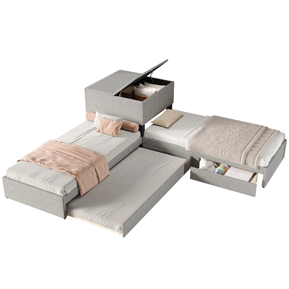 Letto angolare - Xylo - 90x200 cm gigogne lino grigio