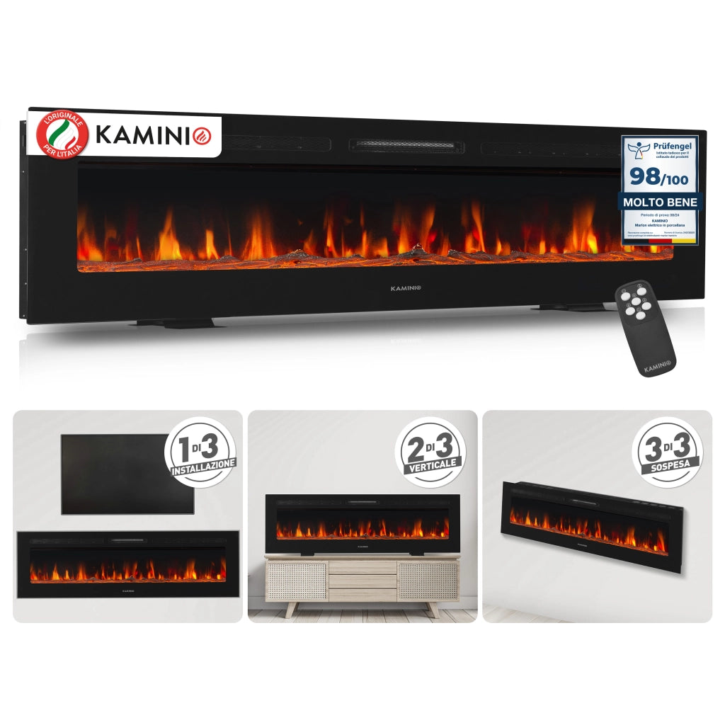 KAMINIO Camino elettrico MARLON - Camino elettrico 3 in 1 con riscaldatore, effetto fiamma 3D, 12 colori di fiamma, telecomando - 70 pollici