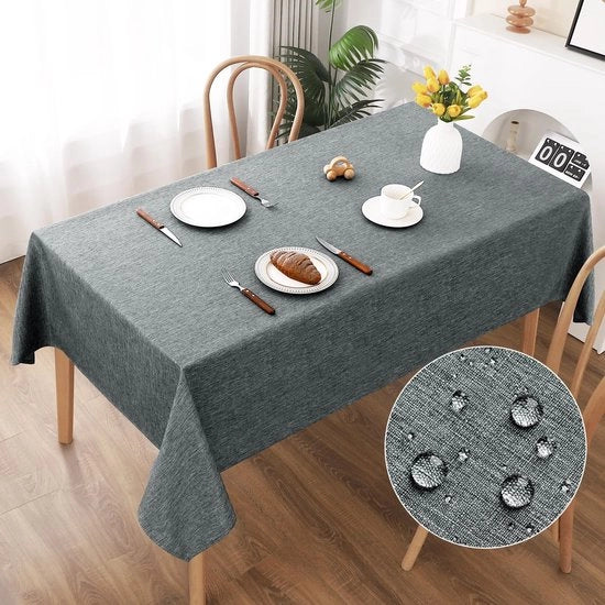 Tavolo Coprente 140x220cm, Tavolo Coprente in Tela di Lino a Sfumatura Grigia, Lavabile Tavolo Coprente Realizzato in Poliestere, Impermeabile con Effetto Lotus, Resistenze ai Graffi Duratura per Salotto, Cucina, Terrazza, Giardino