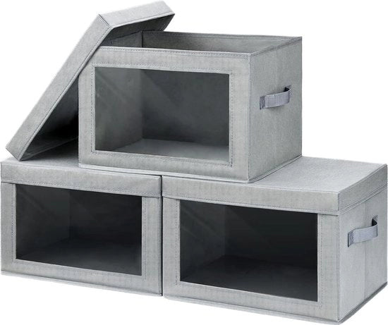 Set di 3 scatole di conservazione con coperchio - Scatola di conservazione pieghevole con vetrina - Cassetto di conservazione in tessuto con maniglie - Organizzatore di armadio per abbigliamento, giocattoli, libri (grigio)