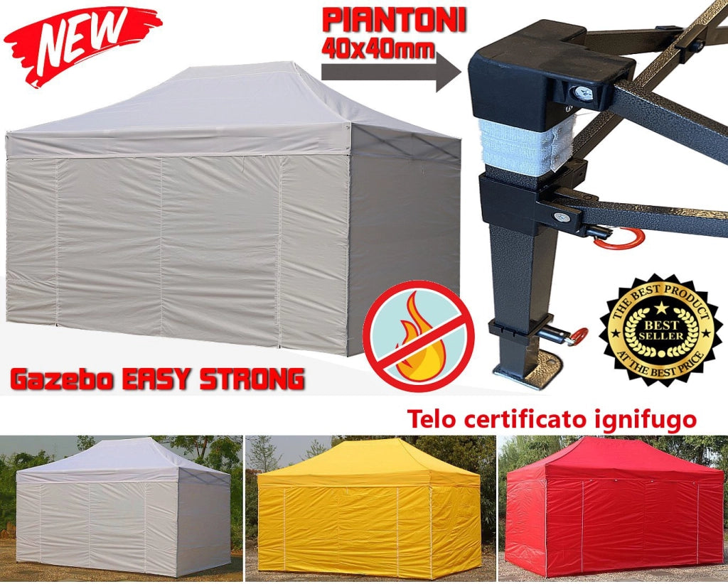 Gazebo 3x4,5m verde certificato IGNIFUGO pieghevole portatile estendibile richiudibile estensibile acciaio con laterali per fiere eventi stand chiosco tenda tendone mercato mercatino