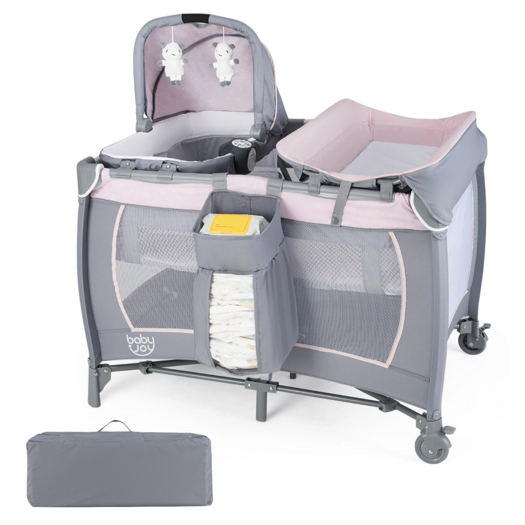 Box portatile per bambini con culla a dondolo e fasciatoio, Lettino pieghevole pack per neonati e bambini fino a 3 anni Rosa