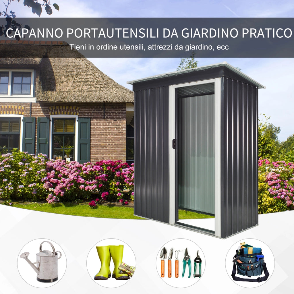 EasyComfort Casetta da Giardino 1.16m² in Acciaio Zincato, Capanno da Giardino con Tetto Inclinato e Porta Scorrevole Bloccabile, Capanno Porta Attrezzi, 163x89x182 cm, Nero