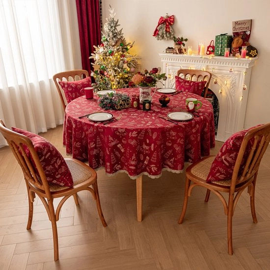 Set di 5 tovaglioli di Natale in jacquard rosso acqua resistente con bordo dorato ronde tappeti da tavolo per tavolo e salotto (120cm) Stile 1