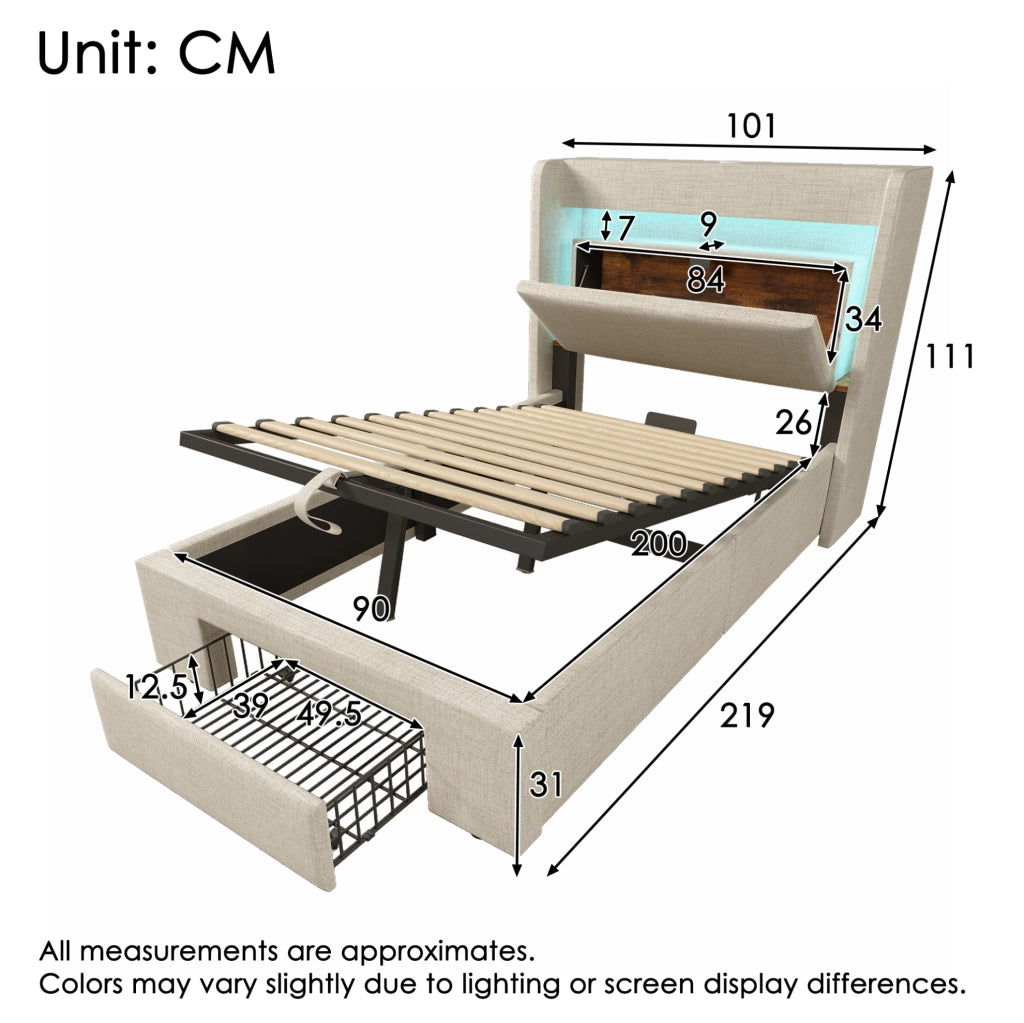 Letto imbottito ULEVR 90x200 cm con contenitore idraulico, cassetto, LED, USB e USB-C, materasso incluso beige