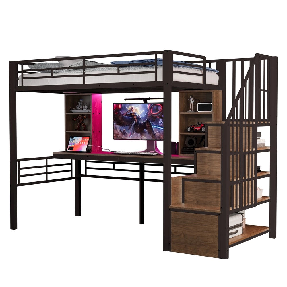 Letto a Soppalco 90x200 con Scrivania, LED e Scala Contenitore ¨C Xylo ¨C Nero, Metallo