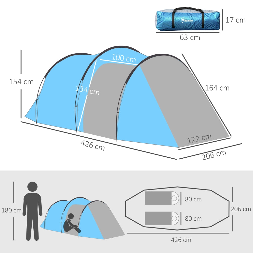 Tenda a tunnel per 2-3 persone Tenda da campeggio 190T con picardi; fibra di vetro e poliestere; azzurro chiaro; 426x206x154cm