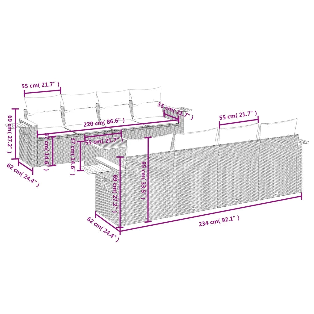 Set Divano da Giardino 9 pz con Cuscini Grigio in Polyrattan 3259064