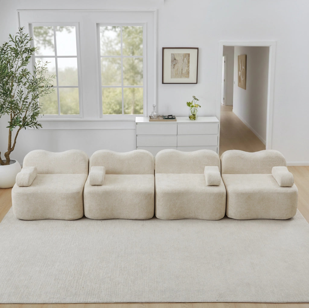 Divano modulare senza braccioli a forma ondulata, 4 posti, beige
