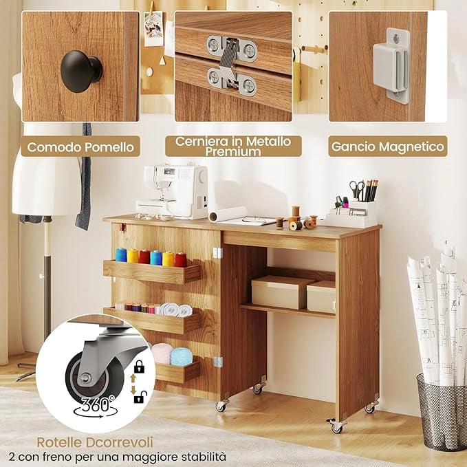 Tavolo da Cucito Pieghevole, Mobile per Macchina da Cucire con Ripiano Portaoggetti, 3 Scomparti Nascosti e Ruote Bloccabili, Mobile Multiuso per Piccoli Spazi (Legno, 118,5 x 40 x 79,5 cm)