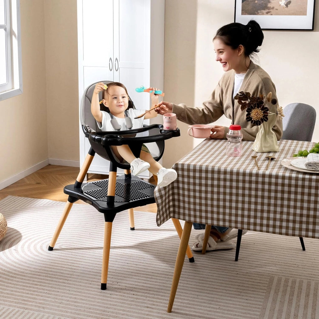 6-in-1 Seggiolone per Neonati, Seggiolone Prima Pappa, Tavolo e Sedia Convertibile per Bambini, Imbracatura di Sicurezza, Vassoio Rimovibile, per Bambini 6-36 Mesi (Grigio+Nero)