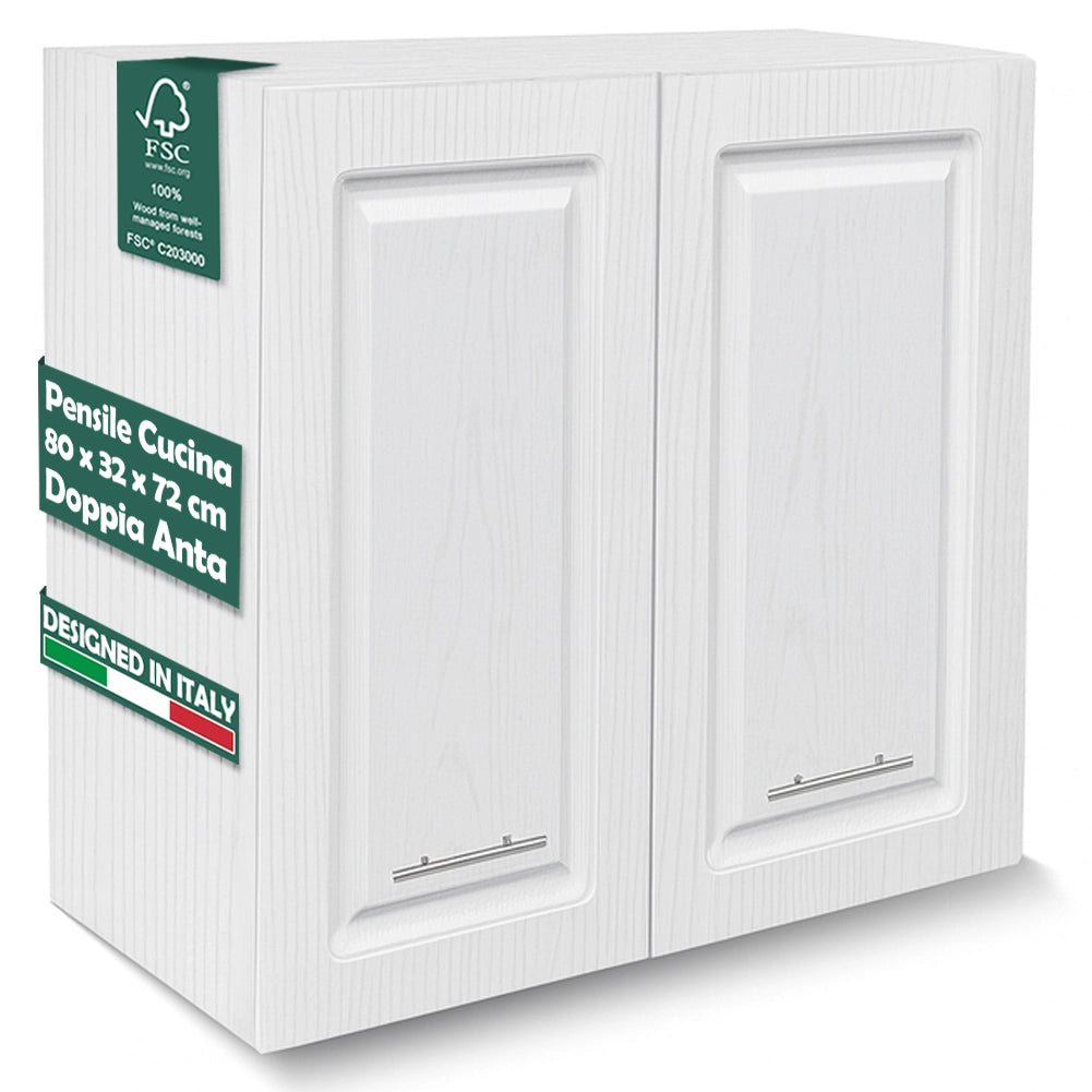 Pensile da Cucina Armadio Sospeso Parete Doppia Anta Boiserie Bianco Frassinato
