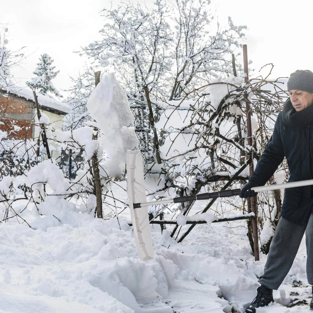 Rastrello da neve per tetti e Auto, telescopico e allungabile da 200 cm a 630 cm, pala da neve in alluminio, per vari occasioni, maniglia antiscivolo, con chiusura, bianco argenteo