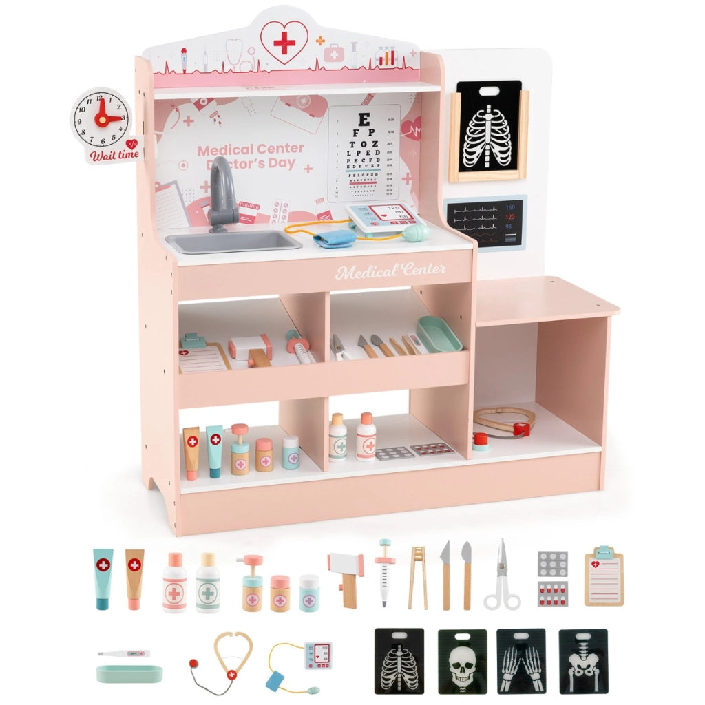 Ospedale finto centro medico per bambini con orologio tabella oculistica, Set da gioco dottore in legno monitor ECG Rosa-Cucine giocattoli