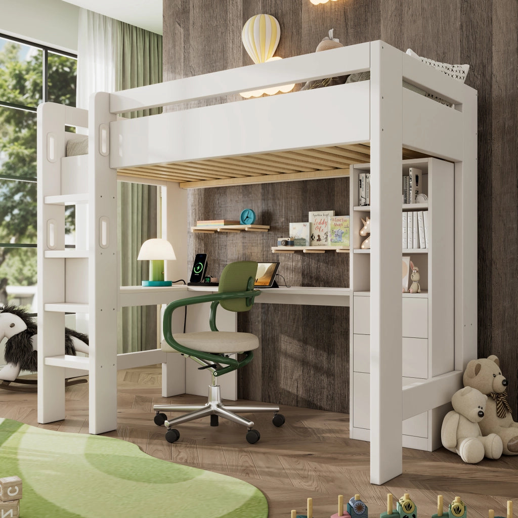 Letto a castello – 90x200 cm – scrivania L USBC ripiani – bianco