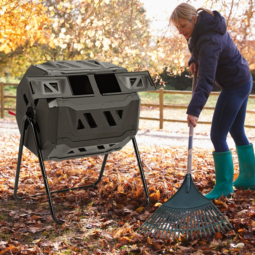 Bidone di compostaggio girevole con doppia camera, Dispositivo di compostaggio con 2 porte scorrevoli Nero