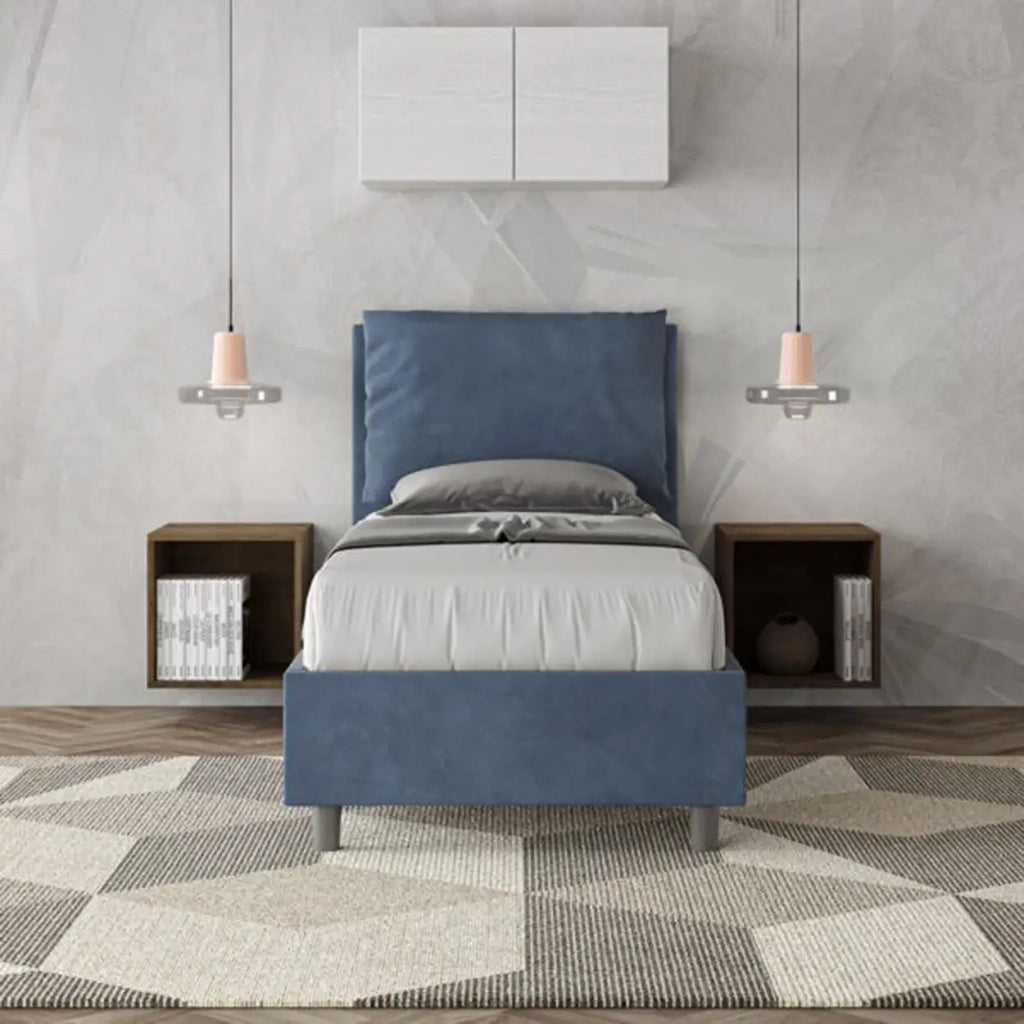 Letto singolo senza rete imbottito 80x190 microfibra blu Antea
