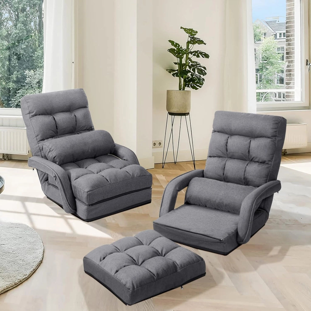 Poltrona Divano con 5 Livelli Regolabili, Sedia da Terra con Braccioli e Cuscino, Struttura in Acciaio, Multifunzione e Pieghevole per Soggiorno Camera da Letto, 55x66x71 cm (Grigio)