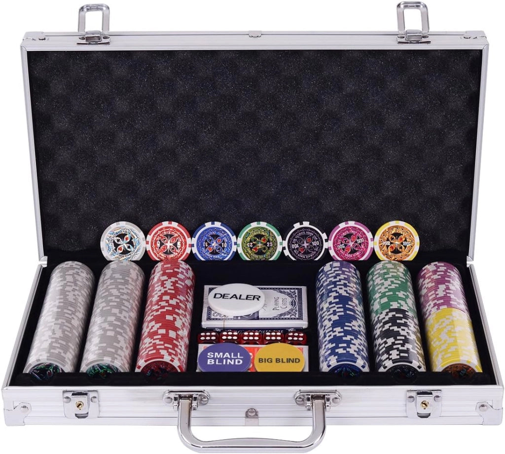Poker Chips, Set da Poker con 300 Chips, Incluse 2 Carte da Poker 5 Dadi 1 Pulsante, Valigetta in Alluminio, Due Colori Disponibili (argento)