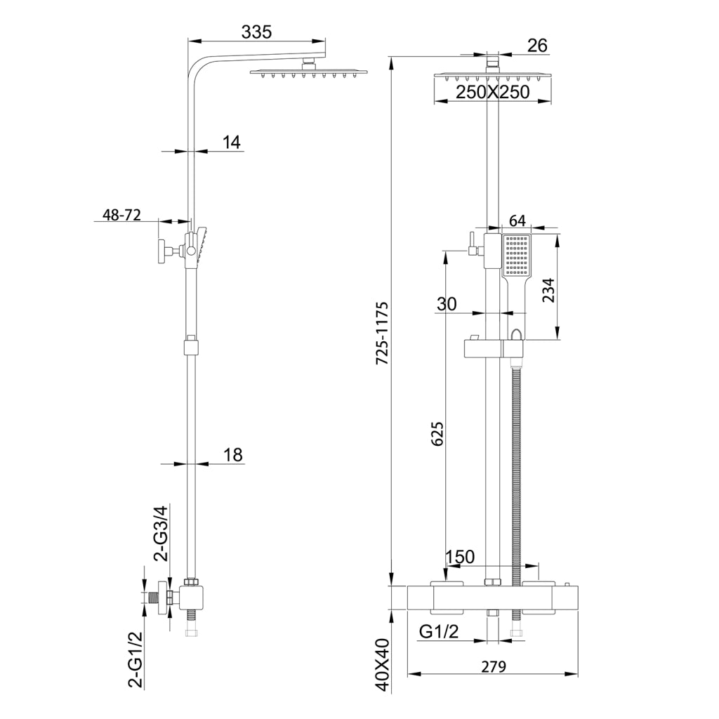 colonna doccia quadrata completo di miscelatore termostatico rettangolo, soffione quadrato 25x25cm, cromo