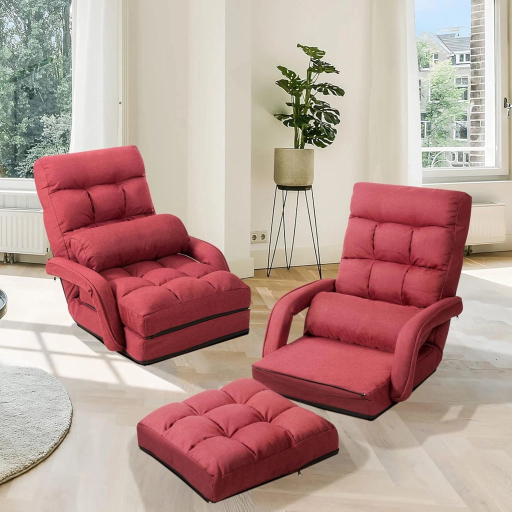 Poltrona Divano con 5 Livelli Regolabili, Sedia da Terra con Braccioli e Cuscino, Struttura in Acciaio, Multifunzione e Pieghevole per Soggiorno Camera da Letto, 55x66x71 cm (Rosso)