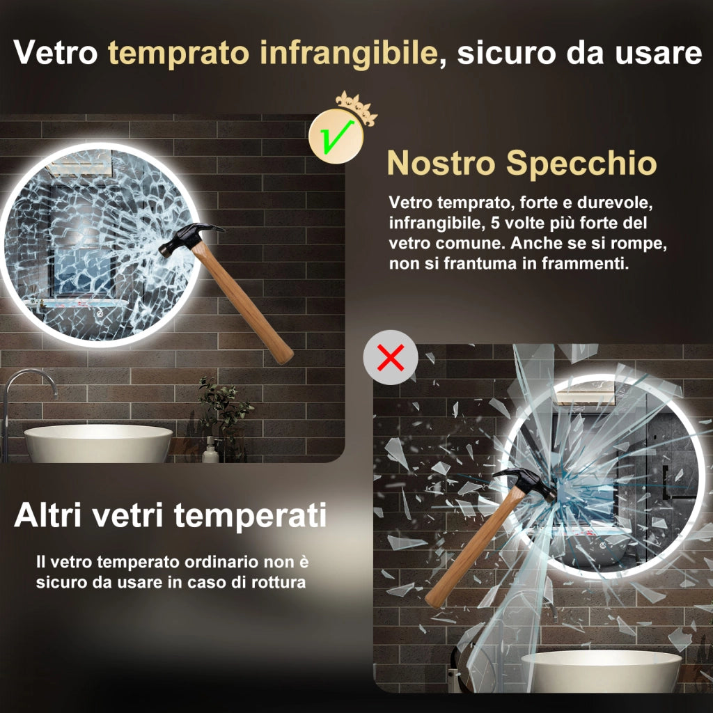 specchio 60 cm rotondo con luce led antiappannamento e touch