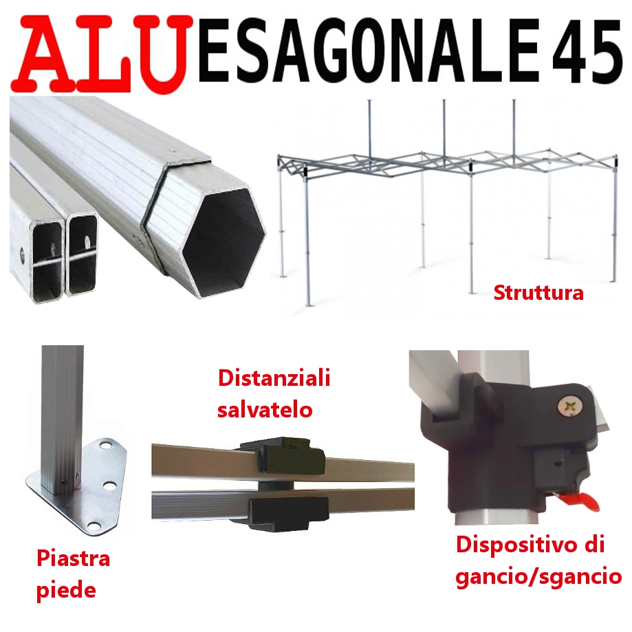 Gazebo 3X6 m nero pieghevole alluminio piantone esagonale 45mm portatile estendibile richiudibile estensibile acciaio con laterali per fiere eventi stand chiosco tenda tendone mercato mercatino