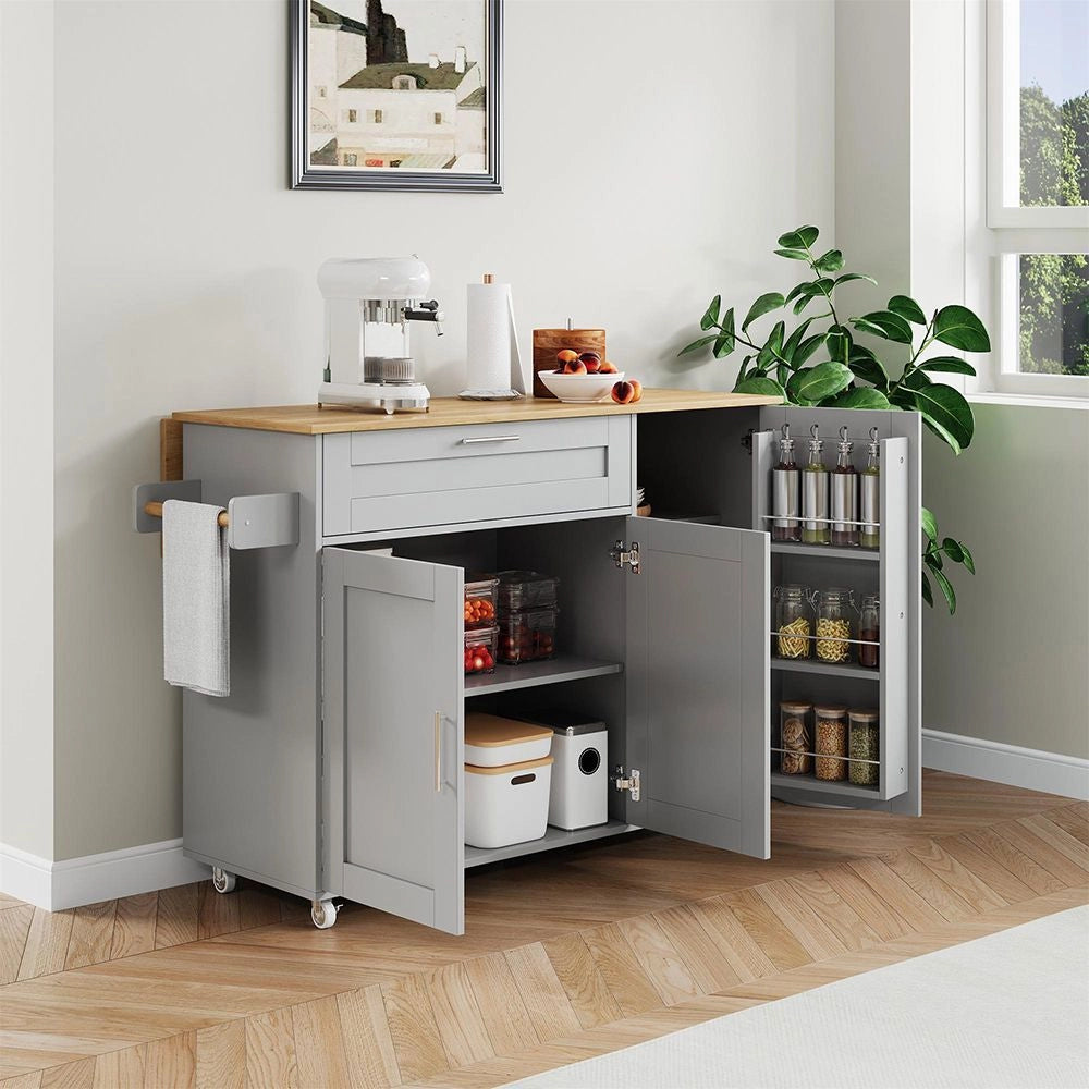 Tavolo da cucina mobile con piano ribaltabile - Xylo - 132,5x44x90 cm - Venatura quercia - Multifunzionale con scaffale spezie, porta asciugamani, 5 ruote