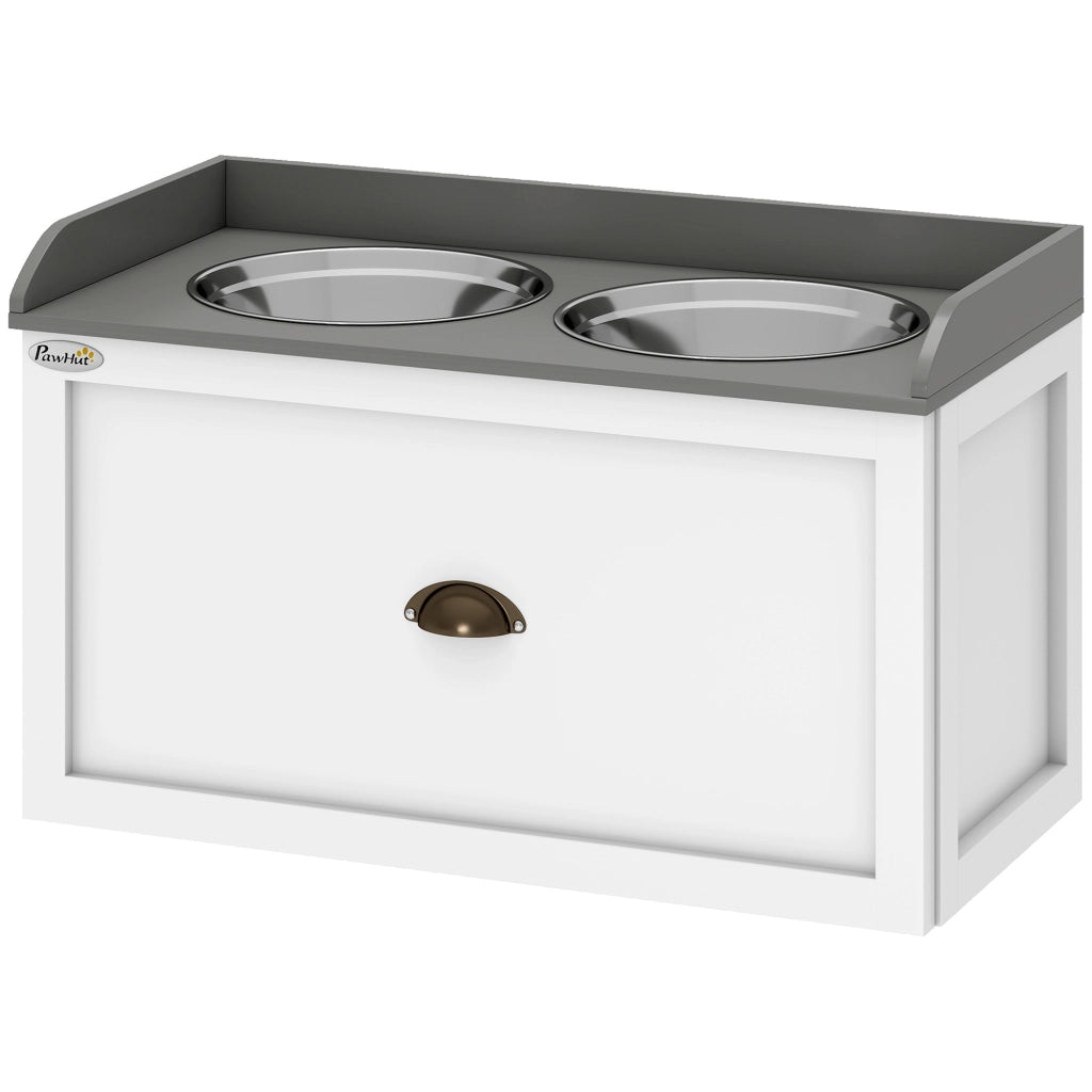 Ciotole per Cani Rialzate in Acciaio Inox e Legno con Cassetto, 60x30x36cm, Bianco e Grigio