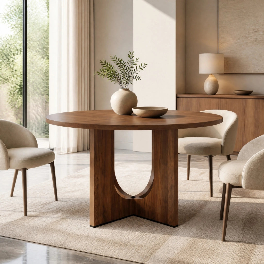 Tavolo da pranzo rotondo 120 cm, 4-6 posti, colore noce, in MDF