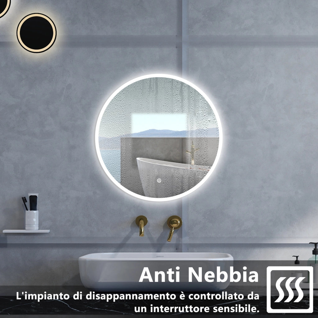 Specchio da bagno Rotondo con 80cm,Memoria, Antifog,Regorabile,Retroilluminato,doppio interruttore,