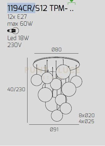 SOSP. CROMO 12 LUCI TONDA VETRI (8 PICCOLI +4 MEDI) TUTTI AMBRA 1194CR-S12 TPM-AM