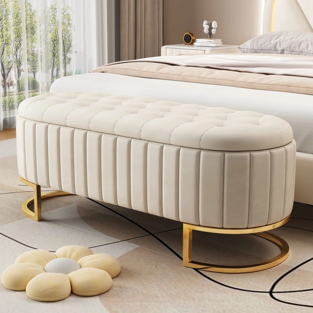 Pouf con contenitore e panca - Zephmum- 120 x 40 cm, velluto beige