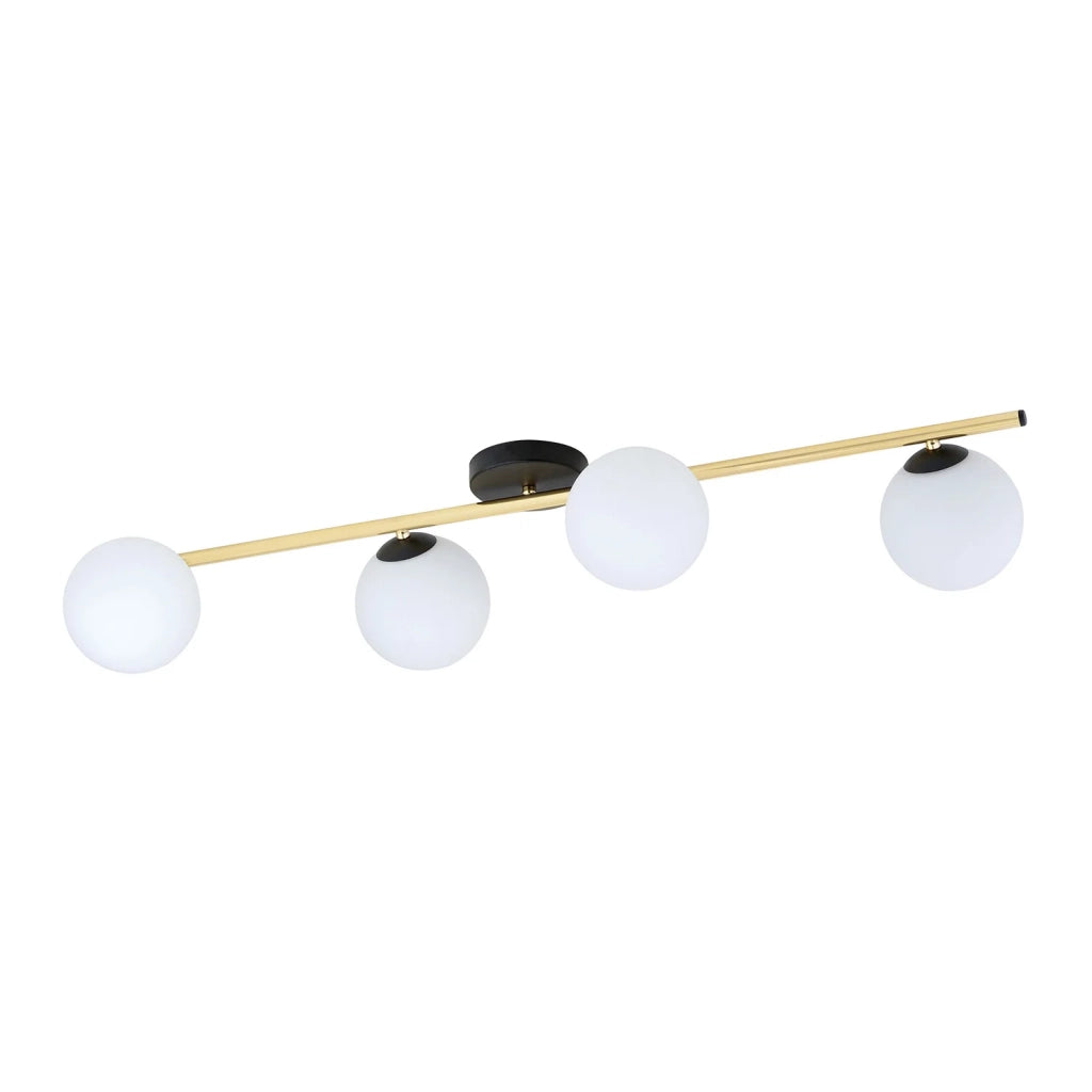 Plafoniera Contemporanea 4 Luci Eracle In Acciaio Oro/Nero E Sfere Vetro Bianco