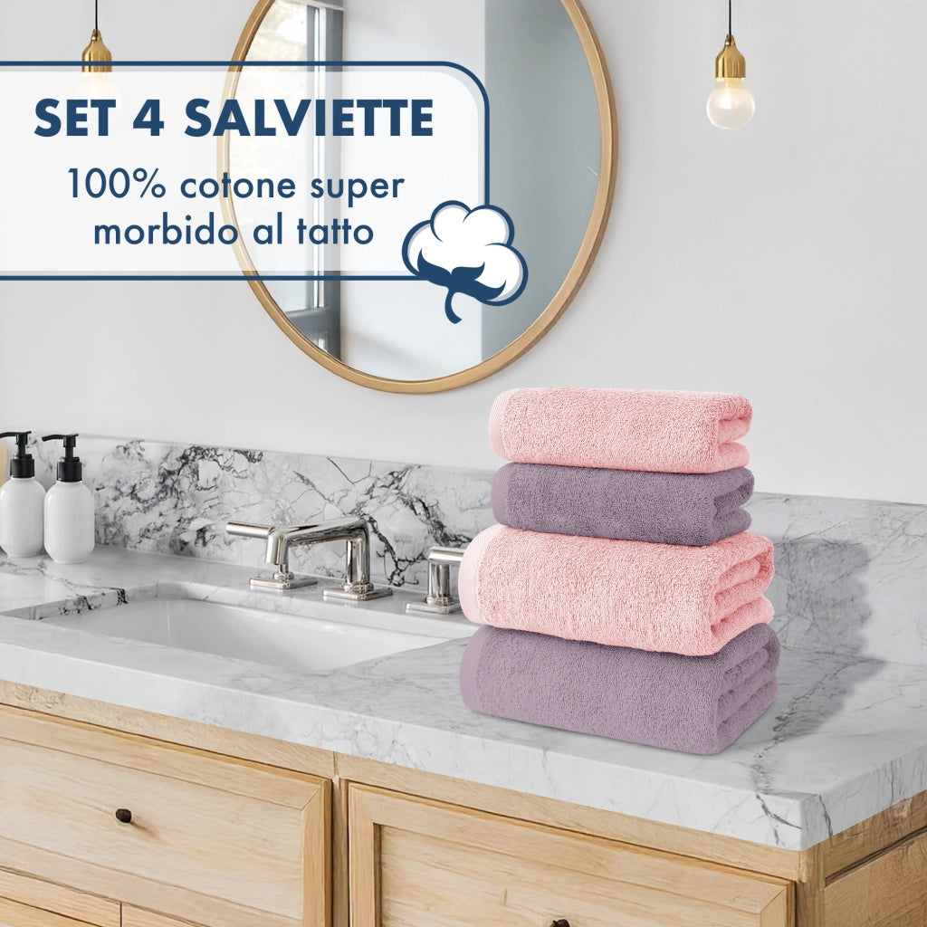 Asciugamani Bagno 100% Spugna Puro Cotone 500 Gr 4 Pezzi 2 Salvietta Viso 2 Asciugamano Ospite Mani Qualità Certificato Oeko-Tex Salviette Super Morbide Bicolore Rosa/Prugna