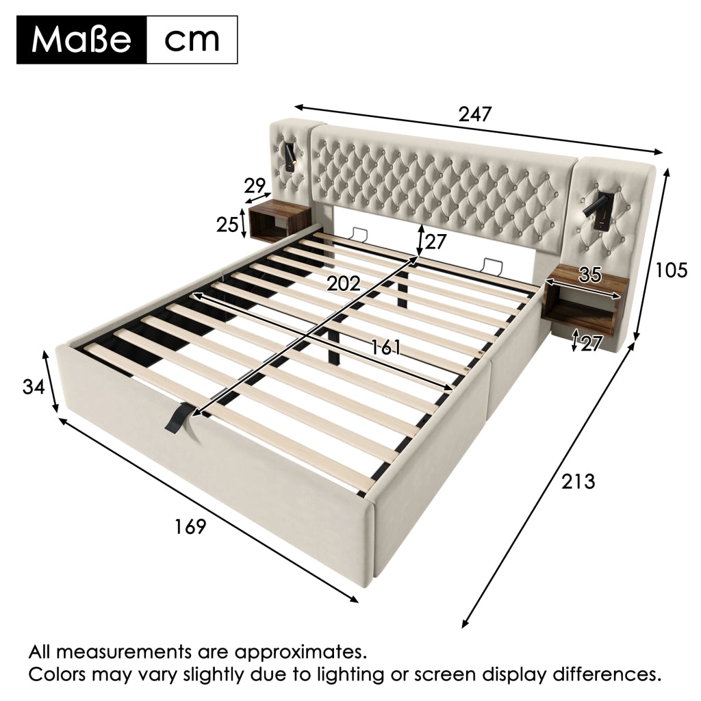 Letto matrimoniale con contenitore idraulico 160x200 cm; comodini; luci LED e materasso beige in velluto