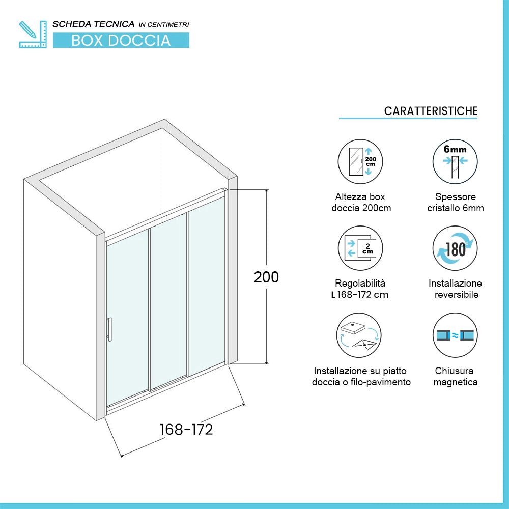 Porta doccia nicchia 170 cm scorrevole 3 ante serigrafate H 200 cm Ted