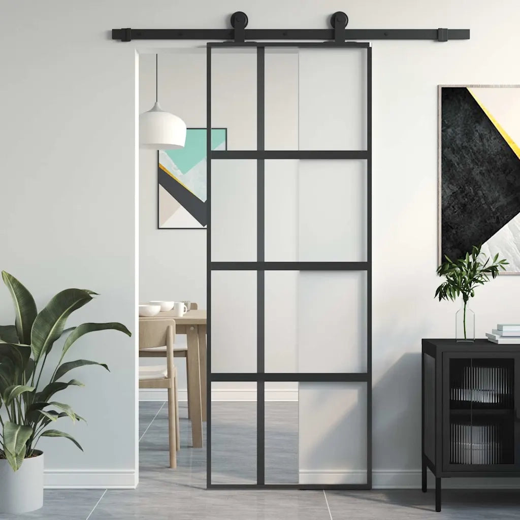 Porta Scorrevole Nera 76x205 cm in Vetro Temperato e Alluminio 155228