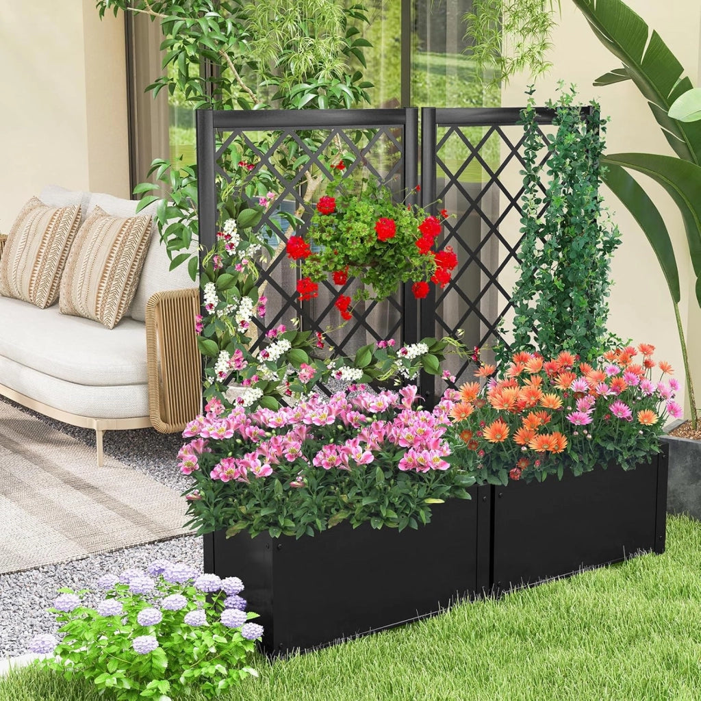 Letto da Giardino Rialzato con Traliccio, Fioriera in Metallo per Piante Rampicanti, Verdure, Viti e Fiori, Aiuola Elevata per Piante Esterno per Patio, Giardino e Balcone