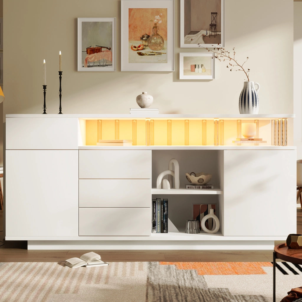 Credenza con 4 cassetti; 2 ante e LED - per soggiorno - 160×40×75 cm - bianca