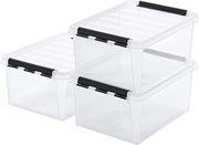 Scatoloni di archiviazione 32L (3 pezzi) Rafforzati Transparenti Garanzia 10 anni Adatti per Alimenti Chiusura con clip Posizionamento a pila e a nido Inerte ai BPA Dimensioni L50 x B39 x H26cm