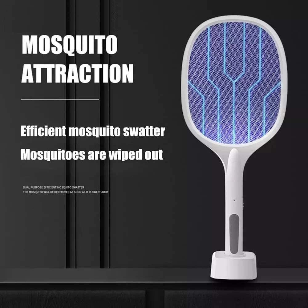 Trade Shop - Racchetta Per Zanzare Mosche Insetti Ricaricabile Con Base Luce Uv Antizanzara -