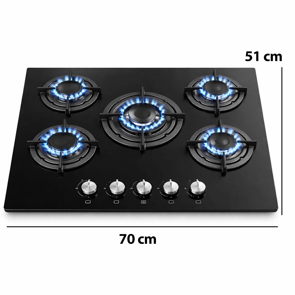 Piano Cottura in Vetroceramica Nero 5 Fuochi Ghisa Bruciatore a Incasso in Vetro