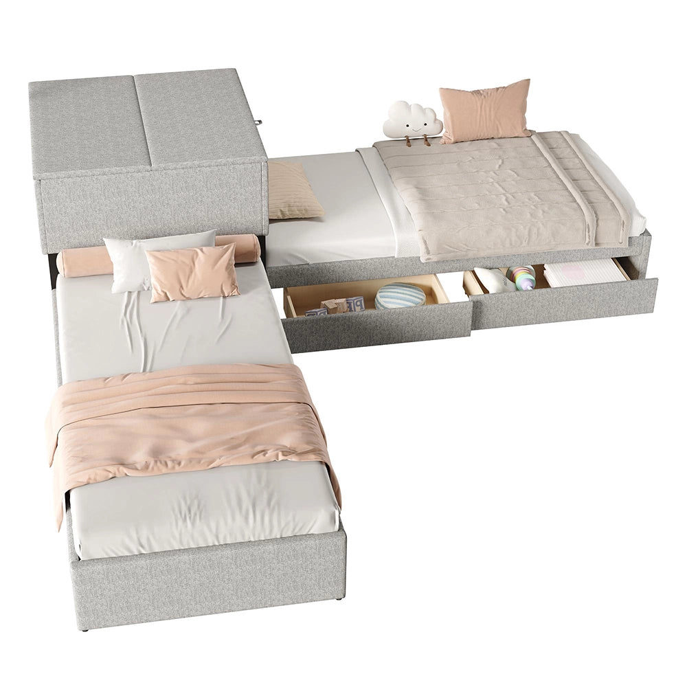 Letto angolare - Xylo - 90x200 cm gigogne lino grigio