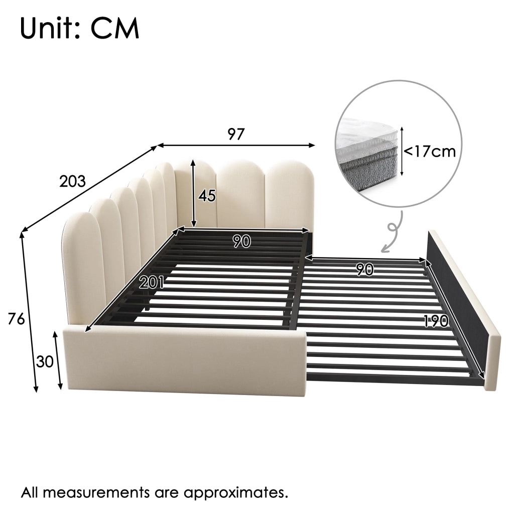 Daybed singolo – 90x200 cm – estraibile 90x190 rete – velluto beige