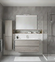 Mobile Bagno LOKI Già Montato 2 cassetti con piedini, lavabo e specchio Rovere affumicato 120x45 cm doppio lavabo con colonna