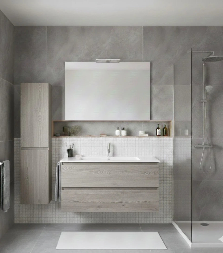 Mobile Bagno LOKI Già Montato 2 cassetti con piedini, lavabo e specchio Rovere affumicato 120x45 cm doppio lavabo con colonna