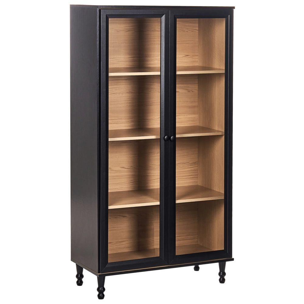 Mobile decorativo 80 cm nero con legno chiaro in legno ingegnerizzato con display in vetro Classico scandinavo a ripiani alti Sala da pranzo Soggiorno