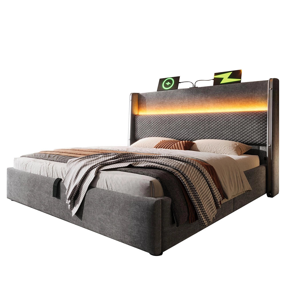 Letto 140x200cm?- Xylo - idraulico LED USB lino grigio